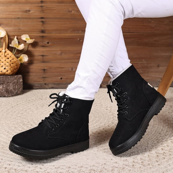 XIMIN Women Warm Fur Lined Ankle Boots Comfortable Suede Lace Up Booties Comfortable Non Slip Ankle Platform Boots Cute Flat Shoes Winter Snow Boots