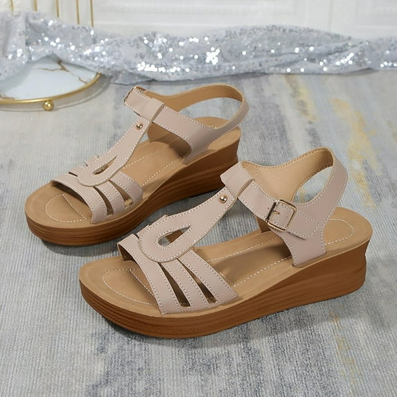 XIMIN Women Wedge Sandals Wide Width T Strap Walking Shoes Low Heel Dressy Sandals Ankle Strap Summer Shoe Casual Open Toe Platforms Shoes Leather Slip On Beach Sandals