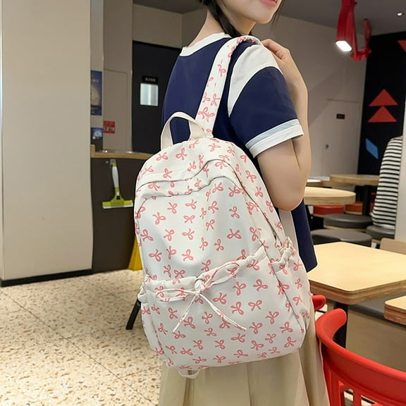XIMIN Women White Ribbon Bowknot Tie Pattern Backpack Fashion Aesthetic BackpacksWater Proof Nylon Rucksack Teens Large Capacity Kawaii Backpack