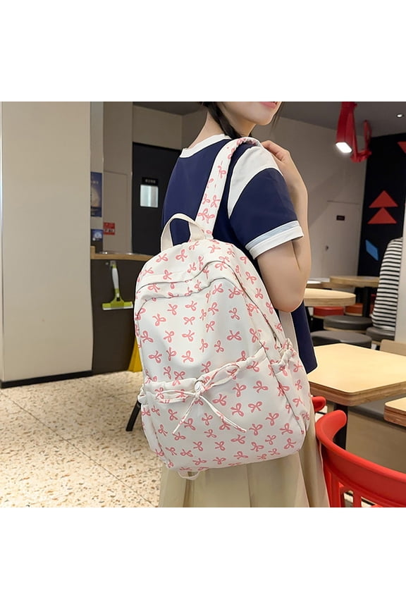 Women White Ribbon Bowknot Tie Pattern Backpack Fashion Aesthetic BackpacksWater Proof Nylon Rucksack Teens Large Capacity Kawaii Backpack