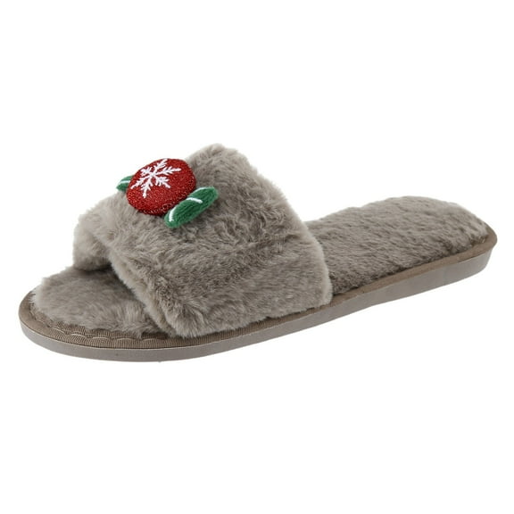 XIMIN Women Winter Snowflake Slippers Flat Bottom Non Slip Open Toe Plush Warm Comfortable Christmas Solid Color Arch Support Memory Foam Slippers