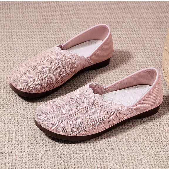 XIMIN Women’s Ballet Wide Width Flat Shoes Dress Shoes Knit Round Toe Slip On Ballerina Walking Flats Shoes Low Wedge Casual Fashion Comfortable Footwear (8.5, Pink)