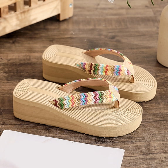 XIMIN Women's Boho Tribal Braid Cushioned Leather-Lined Footbed Flip Flops Boho Thong Sandals Vacation Beach Slide Slippers with Vibrant Fabric Upper (6.5, Beige)