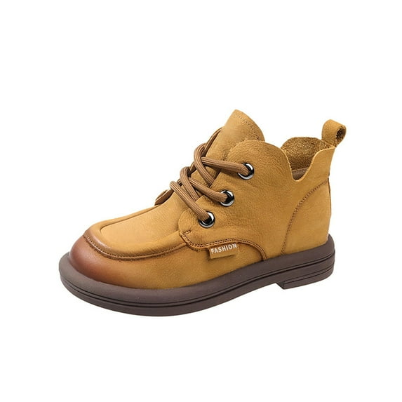 XIMIN Women's Bottom Boots Genuine Leather Lace-Up Platform Ankle Boots Short Heel Short Boots Ladies Casual Round Toe Shoes Boots Wide Calf Leather Boots