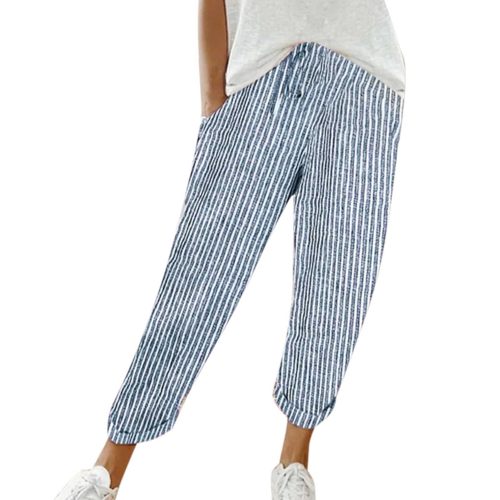 XIMIN Women's Breathable Pants Ladies Elastic Waist Striped Casual