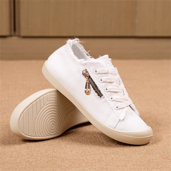 XIMIN Women's Canvas Shoes Casual Low Top Side Zipper Sneakers Fashion Lace Up Tennis Shoes Walking Loafers Ladies Soft Soled Non-Slip Lightweight Orthotic Sneaker