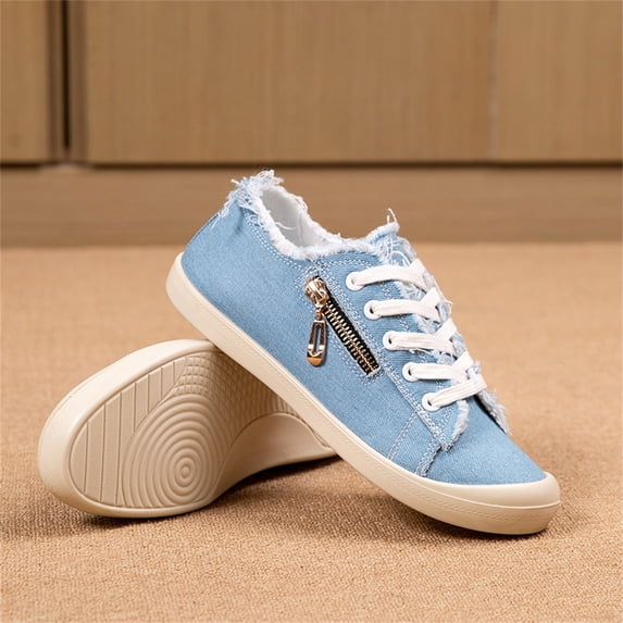 XIMIN Women's Canvas Shoes Casual Low Top Side Zipper Sneakers Fashion Lace Up Tennis Shoes Walking Loafers Ladies Soft Soled Non-Slip Lightweight Orthotic Sneaker