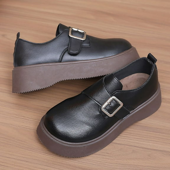 XIMIN Women's Chunky Sole Retro Leather Belt Buckle Thick Sole Handmade Leather Solid Color Loafers Fashionable and Comfortable Thick Soled Shoes