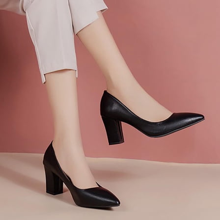 XIMIN Women's Closed Pointed Toe Work Dress Pumps Low Chunky Patent Leather Office Heels Suede Wedding Party Slip On Daily Comfy Pump Shoes (7.5, Black)