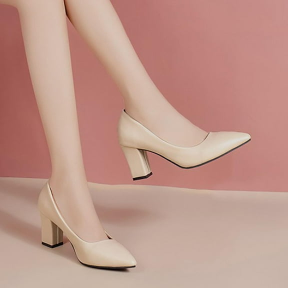 XIMIN Women's Closed Pointed Toe Work Dress Pumps Low Chunky Patent Leather Office Heels Suede Wedding Party Slip On Daily Comfy Pump Shoes (9, Beige)