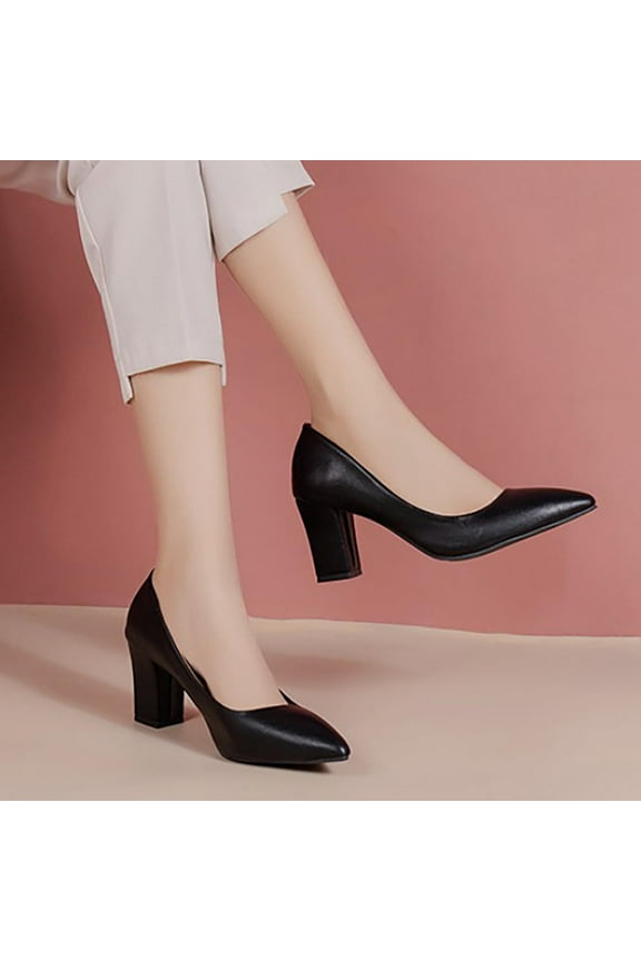 Women's Closed Pointed Toe Work Dress Pumps Low Chunky Patent Leather Office Heels Suede Wedding Party Slip On Daily Comfy Pump Shoes (9, Black)