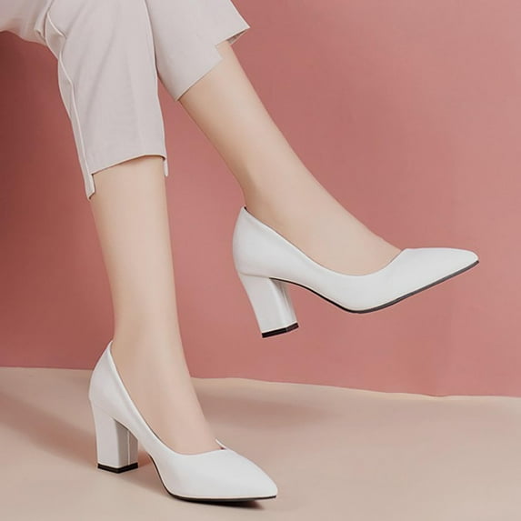 XIMIN Women's Closed Pointed Toe Work Dress Pumps Low Chunky Patent Leather Office Heels Suede Wedding Party Slip On Daily Comfy Pump Shoes (9, White)