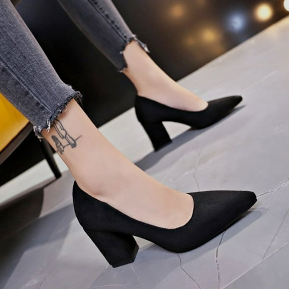 XIMIN Women's Closed Toe Classic Pointed Toe Heels Pumps Heels Chunky Block Heels Low Shoes Business Office Work Heels Shoes Comfortable Footwear (10, Black)