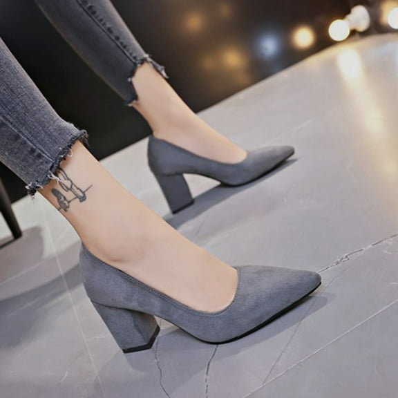 XIMIN Women's Closed Toe Classic Pointed Toe Heels Pumps Heels Chunky Block Heels Low Shoes Business Office Work Heels Shoes Comfortable Footwear (7, Grey)
