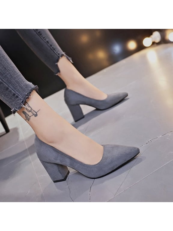 Women's Closed Toe Classic Pointed Toe Heels Pumps Heels Chunky Block Heels Low Shoes Business Office Work Heels Shoes Comfortable Footwear (9, Grey)
