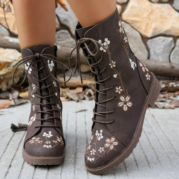 XIMIN Women's Combat Boots Elegant Mid Calf Boots Vintage Flower Design Lace Up Leather Chunky Block Mid Heels High Flat Boots Wide Calf Round Toe Boots