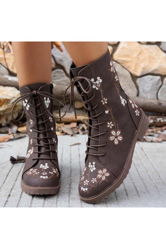 Women's Combat Boots Elegant Mid Calf Boots Vintage Flower Design Lace Up Leather Chunky Block Mid Heels High Flat Boots Wide Calf Round Toe Boots