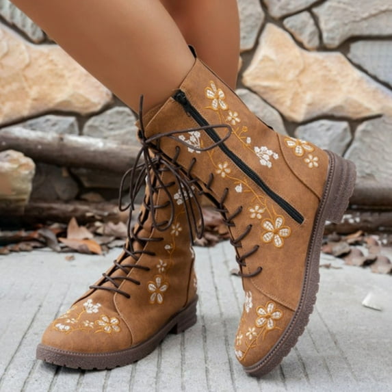 XIMIN Women's Combat Boots Elegant Mid Calf Boots Vintage Flower Design Lace Up Leather Chunky Block Mid Heels High Flat Boots Wide Calf Round Toe Boots