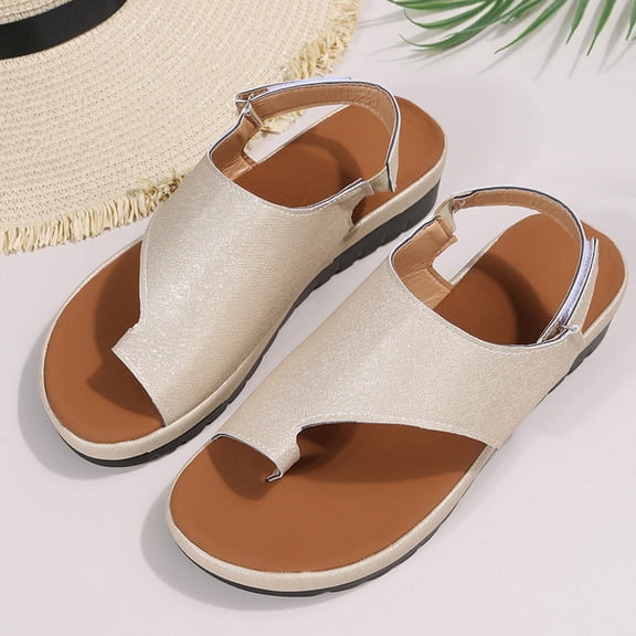 XIMIN Women's Comfortable Cork Footbed Arch Support Platform Wedge Chunky Heels Sandals with Toe Ring Buckle Strap Casual Dressy Thong Walking Beach Flat Sandals