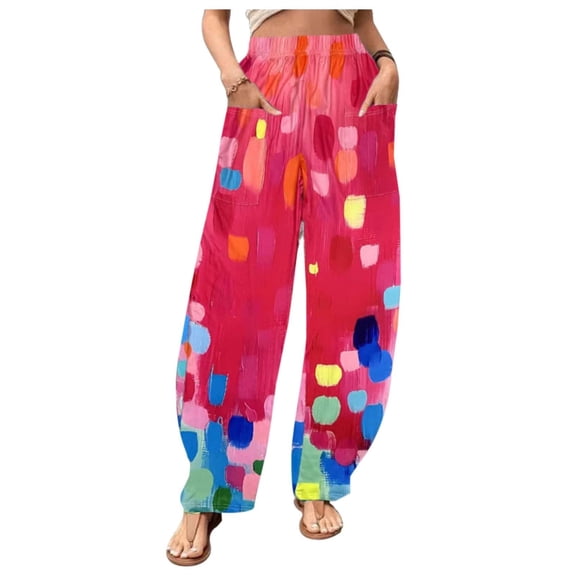 XIMIN Women's Comfy Pants Women High Waist Pants Pocket Elastic Printing Comfortable Loose Sports Pant Soft Pant Slim Temperament Elastic Pants(Hot Pink,S)