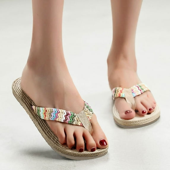 XIMIN Women's Cushion Boho Tribal Braid Flip-Flops Orthotic Comfortable Yoga Mat Thong Sandals With Arch Support Sandals Vacation Beach Slide Slippers (8, Beige)