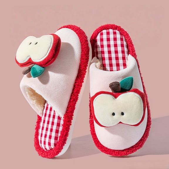 XIMIN Women's Cute Apple Fruit Fluffy Fuzzy Slipper Comfortable Winter Warm House Slippers Shoes Funny Slipper Comfort Soft Plush Slippers