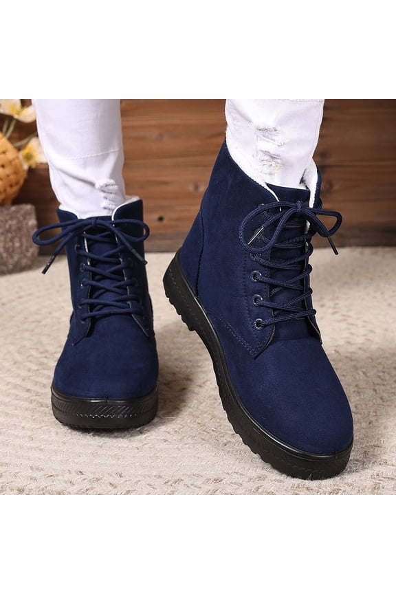 Women's Cute Flat Shoes Lace Up Low Heel High Top Winter Snow Boots Warm Fur Lined Ankle Boots Comfortable Suede Lace Up Booties Outdoor Hiking Booties