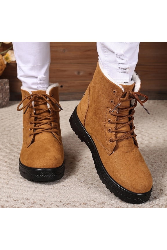 Women's Cute Flat Shoes Lace Up Low Heel High Top Winter Snow Boots Warm Fur Lined Ankle Boots Comfortable Suede Lace Up Booties Outdoor Hiking Booties