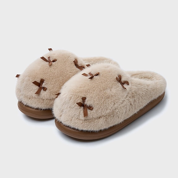 XIMIN Women's Cute Plush Home Slippers with Butterfly Knot Cotton Comfortable Thick Sole Shoes Bottom Indoor Outdoor Winter Indoor Soft Warm Home Slippers