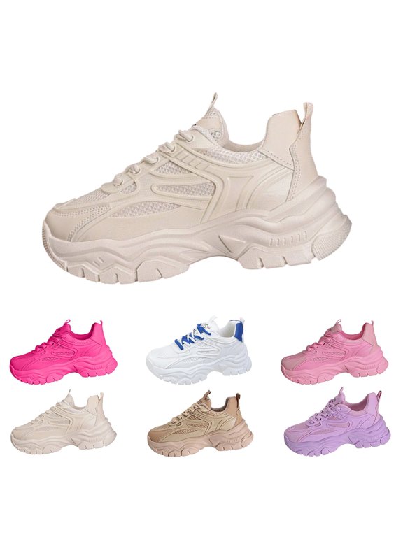 Women's Dad Sneakers, Mesh Breathable White Casual Shoes, Thick Sole Height Increasing Lightweight Fashion Walking Footwear, Available in Plus Sizes (White, 6)
