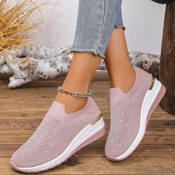 XIMIN Women's Fashion Glitter Hollow Sandals Mesh Casual Walking Platform Sneakers Platform Wedge Shoes Sparkly Rhinestone Slip-on Sneakers Breathable Spakle Shoes