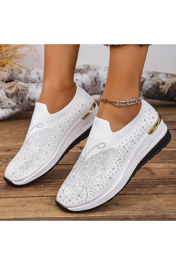 Women's Fashion Glitter Hollow Sandals Mesh Casual Walking Platform Sneakers Platform Wedge Shoes Sparkly Rhinestone Slip-on Sneakers Breathable Spakle Shoes