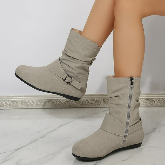 XIMIN Women's Fashion Short Boots Wide Width Ankle Boots Suede Back Heel Chunky Mid Calf Boots Mid Calf Cowboy Boots Block Low Heel Side Zipper Booties