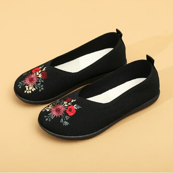 XIMIN Women's Flats Shoes Traditional Chinese Style Embroidered Comfort Knit Dress Flats Round Toe Ballet Flats with Memory Foam Softable Slip on Casual Outdoor (7, Black)
