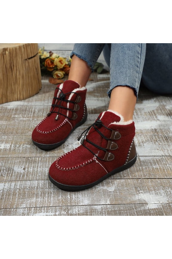 Women's Fleece Lined Round Toe Lace-Up Slip on Booties Plush Lining Flat-Bottom Walking Ankle Boots Fashionable Non-Slip Outdoor Warm Snow Boots