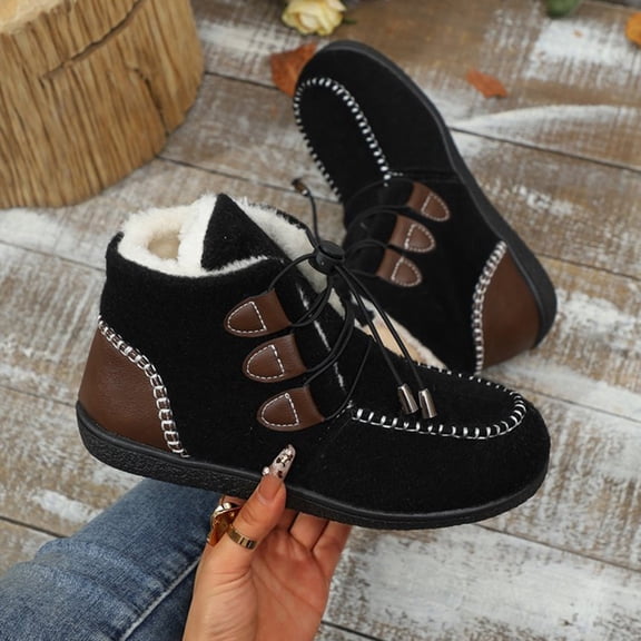 XIMIN Women's Fleece Lined Round Toe Lace-Up Slip on Booties Plush Lining Flat-Bottom Walking Ankle Boots Fashionable Non-Slip Outdoor Warm Snow Boots
