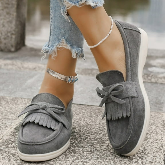 XIMIN Women's Flock Mid Heel Business PU Leather Loafers Work Casual Shoes Soft Sole Slip-On Cute Bowknot Ballerina Flats Lightweight Comfortable Fall Causal Shoes Walking