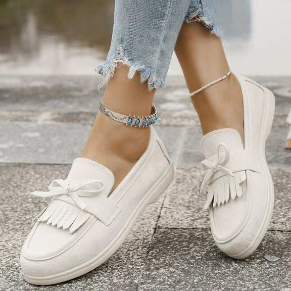 XIMIN Women's Flock Mid Heel Business PU Leather Loafers Work Casual Shoes Soft Sole Slip-On Cute Bowknot Ballerina Flats Lightweight Comfortable Fall Causal Shoes Walking