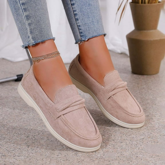 XIMIN Women's Flock Round Closed Toe Flats Shallow Mouth Slip On Casual Shoes Everyday Wear Versatile Footwear for All Season Low Wedge Comfortable Ballerina Flats