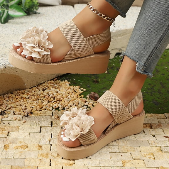 XIMIN Women's Floral Open Toe Slip On Wedge Platform Slip on Ankle Strap Sandals Boho Beach Wedge Heel Casual Summer Comfortable Wedding Vacation Slippers