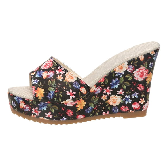 XIMIN Women's Floral Wedge Sandals - Open Toe Beach Slippers, Casual Slip On Platform Sandals for Summer Outdoor Wear (Black, 8.5)