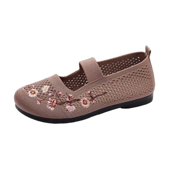XIMIN Women's Flower Embroidered Slip On Knitting Flat Loafers Breathable Elastic Mesh Comfy Platform Non Slip Walking Nurse Shoes Casual Walking Sneakers (7.2, Yellow)