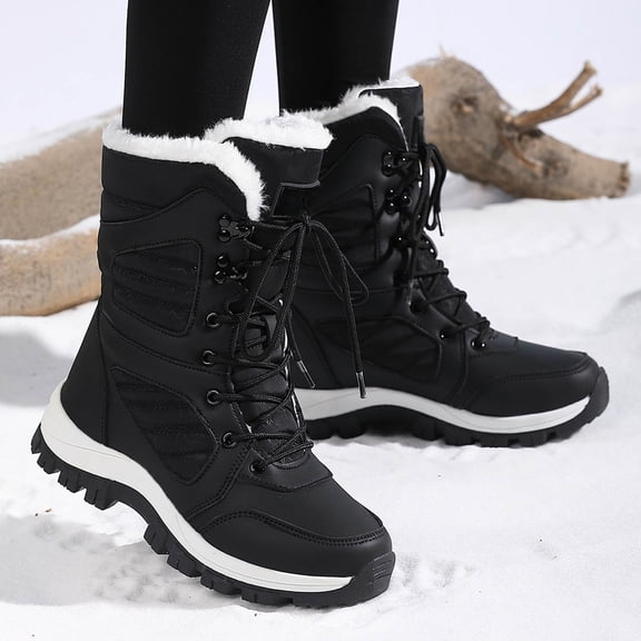XIMIN Women’s Fur Lined Lightweight Non-Slip Platform Mid-Calf Booties Waterproof Lace-Up Winter Warm Comfort Snow Boots for Travel Work
