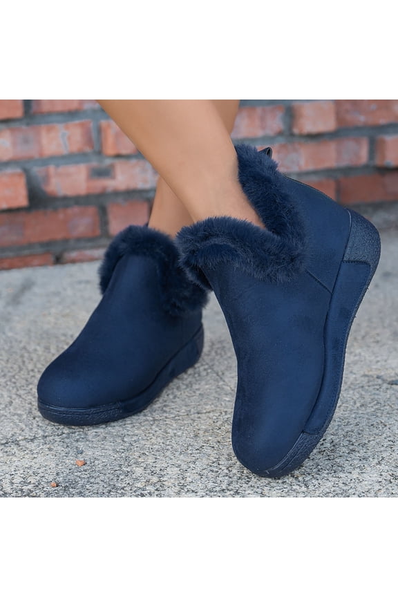 Women's Fuzzy Boots Slip On Ankle Platform Booties Furry Faux Fur Lining Flat Short Snow Boots Fashion Winter Warm Suede Casual Shoes