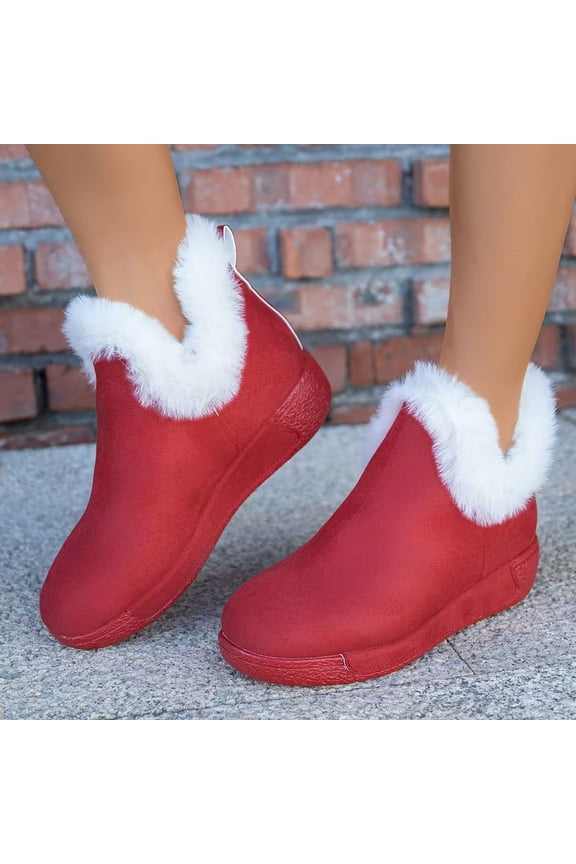 Women's Fuzzy Boots Slip On Ankle Platform Booties Furry Faux Fur Lining Flat Short Snow Boots Fashion Winter Warm Suede Casual Shoes