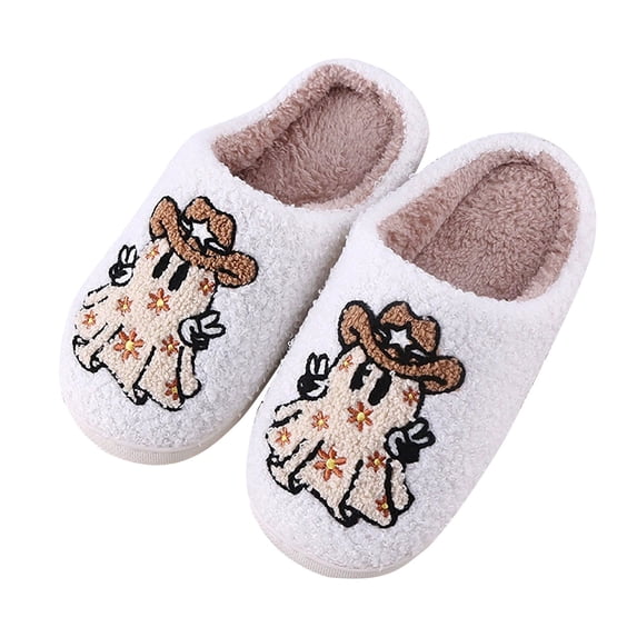 XIMIN Women's Halloween Cowboy Hat Slippers - Thick Plush Cotton House Shoes, Warm Cozy Indoor Winter Slippers with Thick Sole (White, 9)