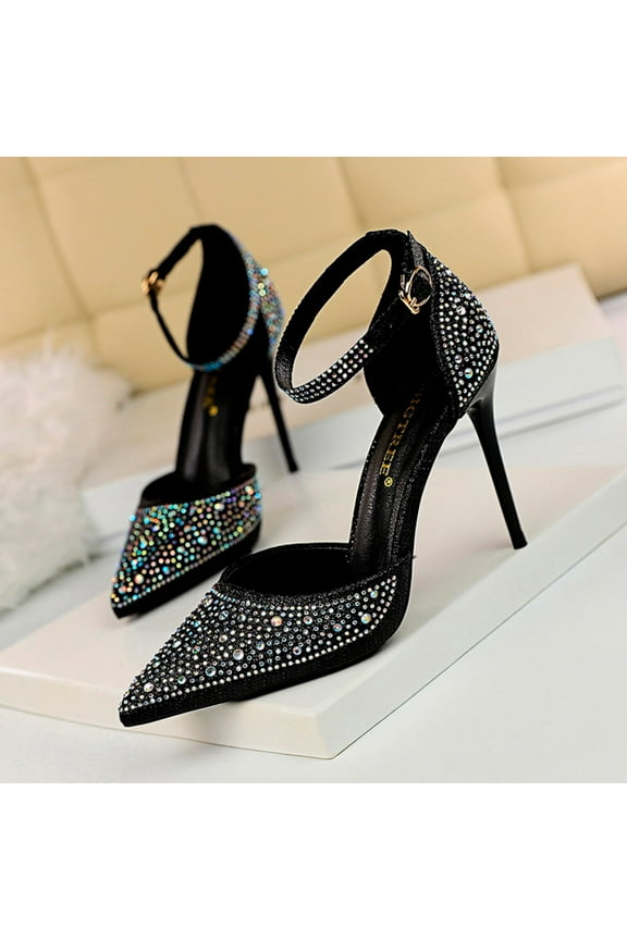 Women's High Heel Pointed Toe Stiletto Pumps Sparkling Shiny Rhinestones Ankle Strap Wedding Bridal Evening Party Dress Shoes Heel (7.5, Black)
