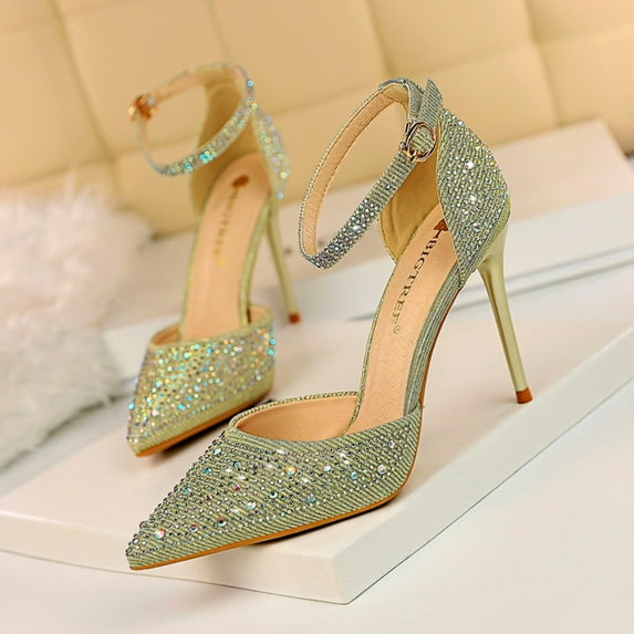 XIMIN Women's High Heel Pointed Toe Stiletto Pumps Sparkling Shiny Rhinestones Ankle Strap Wedding Bridal Evening Party Dress Shoes Heel (7.5, Gold)