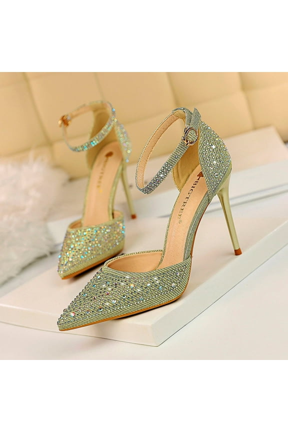 Women's High Heel Pointed Toe Stiletto Pumps Sparkling Shiny Rhinestones Ankle Strap Wedding Bridal Evening Party Dress Shoes Heel (7.5, Gold)