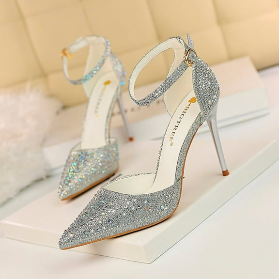 XIMIN Women's High Heel Pointed Toe Stiletto Pumps Sparkling Shiny Rhinestones Ankle Strap Wedding Bridal Evening Party Dress Shoes Heel (7, Silver)
